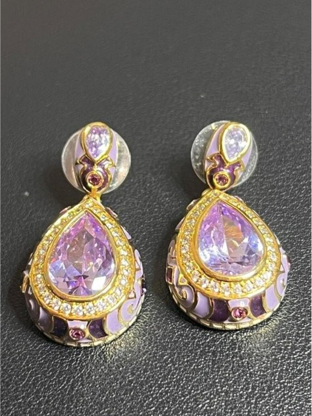 B5267 Lauren G Adams Dangle Earrings Gold Tone Lavender Enamel CZ Rhinestone - Picture 2 of 4